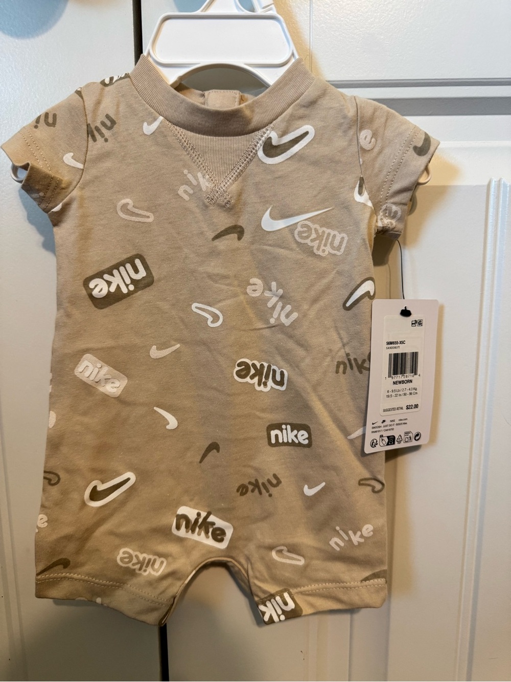 Nike Tan All-Over Logo Baby One-Piece Romper Size New Born